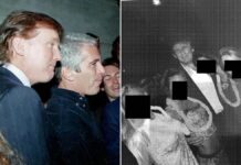 Fotomontagem mostra dois quadros. Em um deles, Trump aparece ao lado de Jeffrey Epstein. No outro, em uma foto em preto e branco, Trump está entre mulheres.