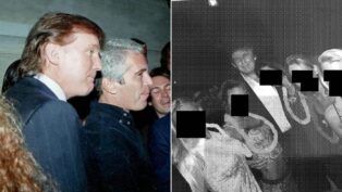 Fotomontagem mostra dois quadros. Em um deles, Trump aparece ao lado de Jeffrey Epstein. No outro, em uma foto em preto e branco, Trump está entre mulheres.