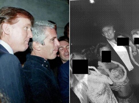 Fotomontagem mostra dois quadros. Em um deles, Trump aparece ao lado de Jeffrey Epstein. No outro, em uma foto em preto e branco, Trump está entre mulheres.