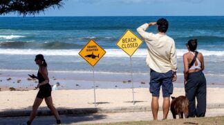 Banhistas caminham pela praia de Queenscliff ao lado de placas de alerta, após o fechamento das praias devido a recentes ataques de tubarão em Sydney, na Austrália