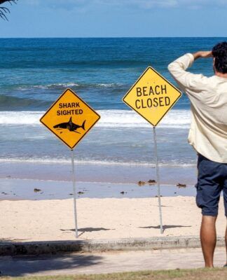 Banhistas caminham pela praia de Queenscliff ao lado de placas de alerta, após o fechamento das praias devido a recentes ataques de tubarão em Sydney, na Austrália