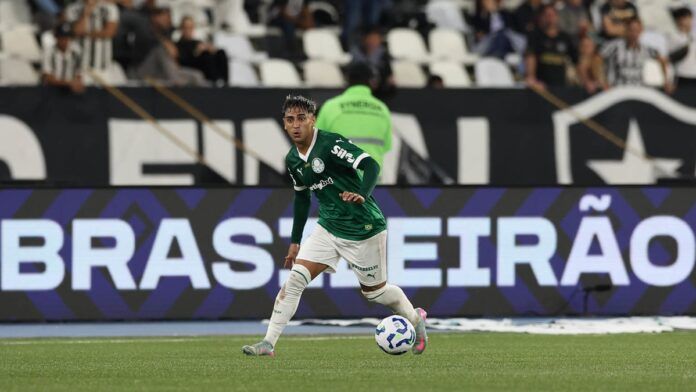 O jogador Facundo Torres, da SE Palmeiras, em jogo contra a equipe do Botafogo