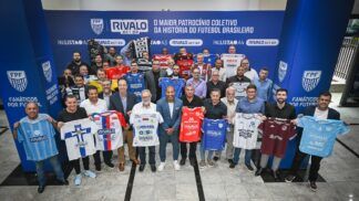 Presidentes de clubes paulistas exibem camisas com o patrocínio da empresa de apostas Rivalo