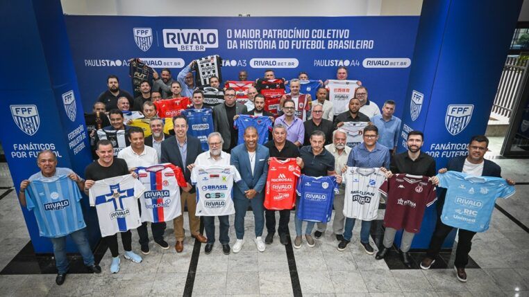 Presidentes de clubes paulistas exibem camisas com o patrocínio da empresa de apostas Rivalo