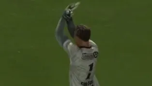 Gabriel Sena comemora em direção aos palmeirenses após pegar pênalti decisivo (Reprodução/Cazé TV)