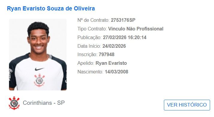 Ryan Esteves assinou contrato de formação com o Corinthians