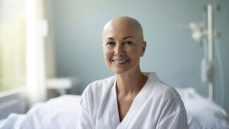 Mulher careca em foto de conscientização sobre o Dia Mundial do Câncer