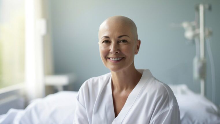 Mulher careca em foto de conscientização sobre o Dia Mundial do Câncer