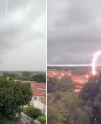 Moradora filma raio atingindo terreno durante forte chuva em Fortaleza; assista