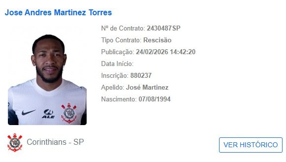 O Corinthians registrou a rescisão do contrato do volante venezuelano José Martínez no BID nesta terça-feira (24/02)