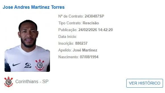 O Corinthians registrou a rescisão do contrato do volante venezuelano José Martínez no BID nesta terça-feira (24/02)