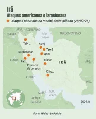 Mapa dos ataques israelenses e americanos no território do Irã (Foto: TMC)