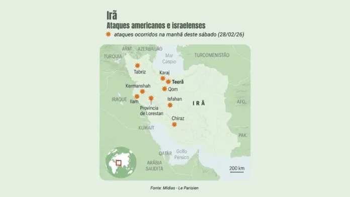 Mapa dos ataques israelenses e americanos no território do Irã (Foto: TMC)