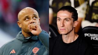 Montagem com dois homens em ambientes esportivos. À esquerda, um homem negro e calvo, vestindo um agasalho cinza com o escudo do Bayern de Munique, olha para cima com a mão próxima à boca em um gesto de dúvida ou observação. À direita, um homem de pele clara e cabelos escuros longos presos para trás olha fixamente para a frente com uma expressão séria e compenetrada.