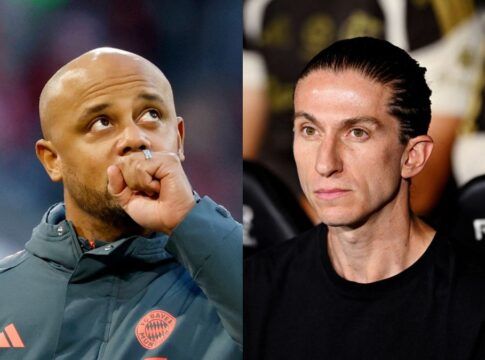 Montagem com dois homens em ambientes esportivos. À esquerda, um homem negro e calvo, vestindo um agasalho cinza com o escudo do Bayern de Munique, olha para cima com a mão próxima à boca em um gesto de dúvida ou observação. À direita, um homem de pele clara e cabelos escuros longos presos para trás olha fixamente para a frente com uma expressão séria e compenetrada.