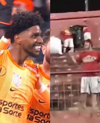 A imagem é composta por duas fotos lado a lado. À esquerda, um goleiro negro de cabelos cacheados e faixa na cabeça sorri enquanto é abraçado por colegas de equipe; ele veste um uniforme laranja vibrante com o escudo do Corinthians e o patrocínio 