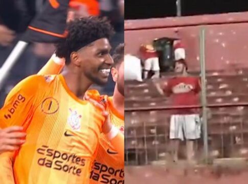 A imagem é composta por duas fotos lado a lado. À esquerda, um goleiro negro de cabelos cacheados e faixa na cabeça sorri enquanto é abraçado por colegas de equipe; ele veste um uniforme laranja vibrante com o escudo do Corinthians e o patrocínio 