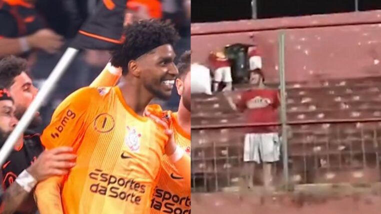 A imagem é composta por duas fotos lado a lado. À esquerda, um goleiro negro de cabelos cacheados e faixa na cabeça sorri enquanto é abraçado por colegas de equipe; ele veste um uniforme laranja vibrante com o escudo do Corinthians e o patrocínio "Esportes da Sorte". À direita, uma imagem de baixa resolução mostra um torcedor em pé em uma arquibancada de concreto avermelhado, vestindo camisa vermelha e bermuda clara, posicionado atrás de uma grade de proteção.