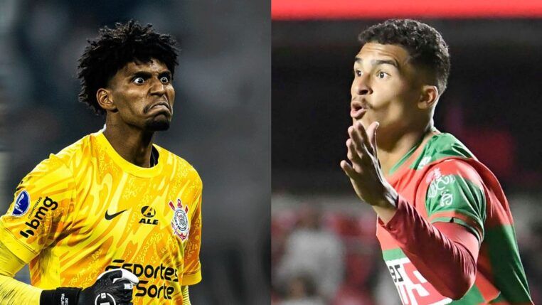 Montagem com dois jogadores de futebol. À esquerda, um goleiro negro de uniforme amarelo faz uma expressão facial intensa de esforço ou surpresa. À direita, um jogador de pele clara e uniforme verde e vermelho gesticula com a mão aberta e expressão de fala ou reclamação.