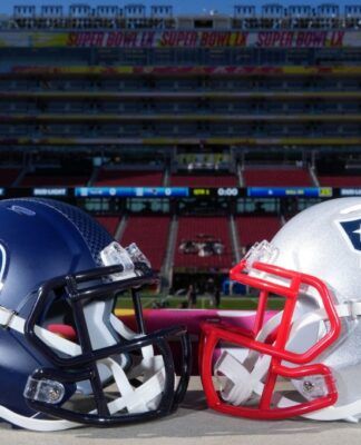 Capacetes do Seattle Seahawks e do New England Patriots no Levi’s Stadium