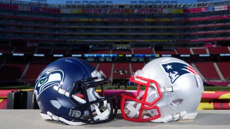 Capacetes do Seattle Seahawks e do New England Patriots no Levi’s Stadium