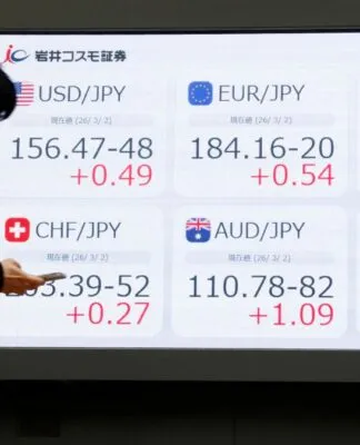 Pessoa olha o celular diante de painel com números do mercado de ações