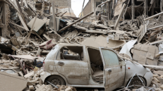 Veículo destruído em meio a escombros no local de um ataque a um prédio residencial, em meio ao conflito entre EUA e Israel contra o Irã, em Teerã