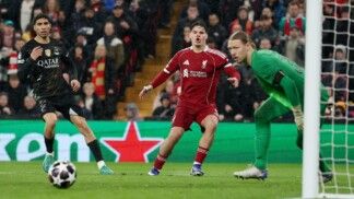 Soccer Football - UEFA Champions League - Quarter Final - Second Leg - Liverpool v Paris St Germain - Anfield, Liverpool, Britain - April 14, 2026 Liverpool's Milos Kerkez shoots at goal REUTERS/Phil Noble