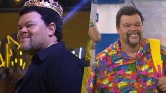 Na foto do lado direito há o Babu com uma roupa colorida. Do lado esquerdo ele usa uma coroa e uma camisa preta.