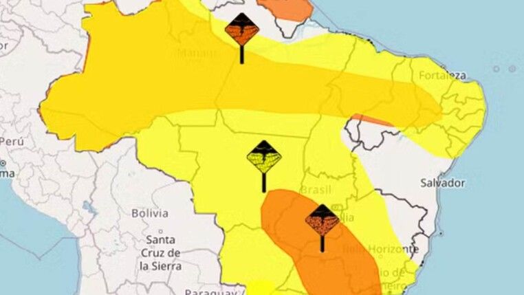 Mapa do Brasil com os pontos que devem chover.
