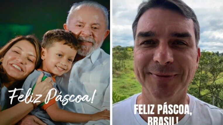 Montagem com as imagens de Páscoa publicadas por Lula e Flábio Bolsonaro