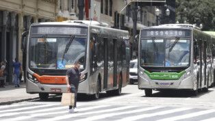 Dois ônibus param diante de um pedestre na faixa