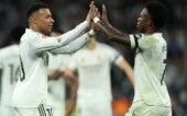 Kylian Mbappé, do Real Madrid, comemora o primeiro gol da equipe com Vinícius Júnior. Crédito: Reuters/Isabel Infantes