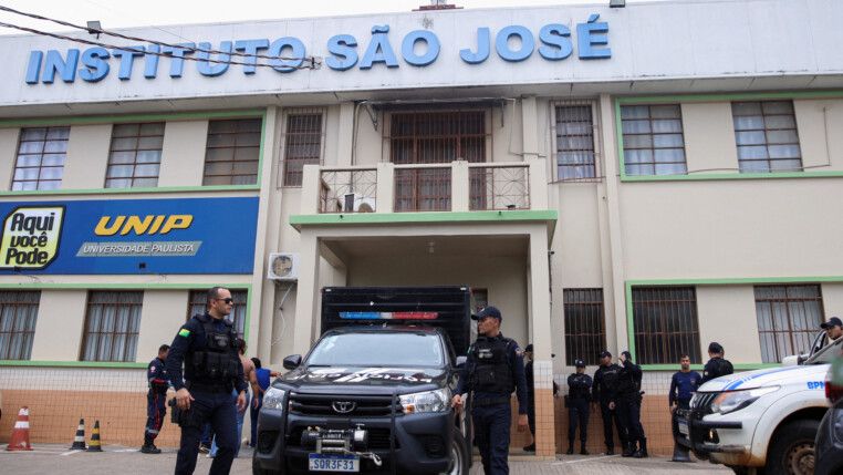 Policemen patrol after a shooting at the Sao Jose school, where two staff members were killed, the Acre state government confirmed in a statement, in Rio Branco, Brazil, May 5, 2026. REUTERS/Sergio Vale
