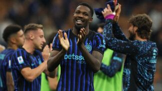 Soccer Football - Serie A - Inter Milan v Cagliari - Stadio San Siro, Milan, Italy - April 17, 2026 Inter Milan's Marcus Thuram celebrates after the match REUTERS/Claudia Greco
