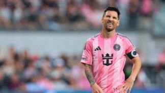 May 17, 2026; Miami, Florida, USA; Inter Miami CF forward Lionel Messi (10) reacts against the Portland Timbers during the second half at Nu Stadium. Mandatory Credit: Sam Navarro-Imagn Images