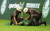 SP - BRASILEIRÃO/PALMEIRAS X SANTOS - ESPORTES - Torcedor do Palmeiras se machuca e recebe atendimento no gramado durante a partida entre Palmeiras e Santos válida pela 14ª rodada do Campeonato Brasileiro 2026, realizada no Allianz Parque, em São Paulo, neste sábado (2). 02/05/2026 - Foto: ALEX MIRANDA/ATO PRESS/ESTADÃO CONTEÚDO