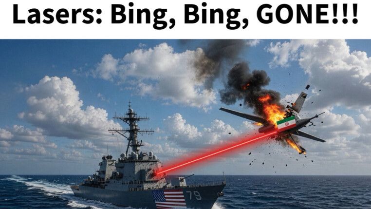 Navio de guerra americano atira com laser em helicóptero iraniano, em montagem