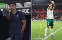 abel-paulinho Abel Ferreira mostrando o dedo em jogo da Libertadores e Paulinho fazendo gesto característico da Mancha Verde