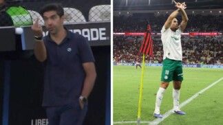 Abel Ferreira mostrando o dedo em jogo da Libertadores e Paulinho fazendo gesto característico da Mancha Verde