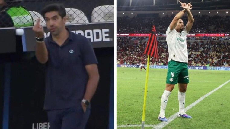 Abel Ferreira mostrando o dedo em jogo da Libertadores e Paulinho fazendo gesto característico da Mancha Verde