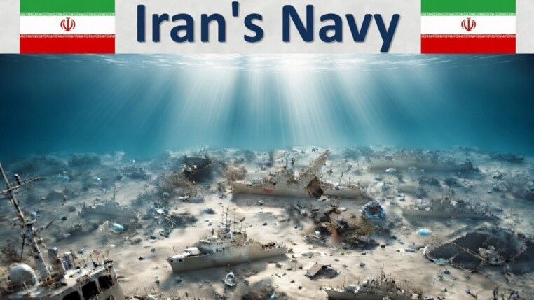 Montagem digital satírica que utiliza ironia visual para comentar sobre a situação da Marinha do Irã. A imagem sobrepõe o título "Iran's Navy" e as bandeiras nacionais a um cenário de fundo do mar repleto de destroços e navios naufragados, sugerindo ineficácia ou destruição militar