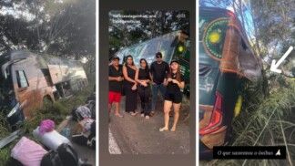 Montagem com fotos do acidente com o ônibus do grupo Mastruz com Leite