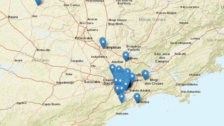 Mapa mostra onde os tremores foram sentidos no Brasil