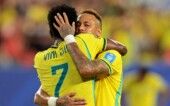 Soccer Football - FIFA World Cup 2026 - Group C - Scotland v Brazil - Miami Stadium, Miami Gardens, Florida, U.S. - June 24, 2026 Brazil's Neymar Jr. celebrates after the match with Vinicius Junior IMAGN IMAGES via Reuters/Sam Navarro