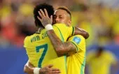 Soccer Football - FIFA World Cup 2026 - Group C - Scotland v Brazil - Miami Stadium, Miami Gardens, Florida, U.S. - June 24, 2026 Brazil's Neymar Jr. celebrates after the match with Vinicius Junior IMAGN IMAGES via Reuters/Sam Navarro