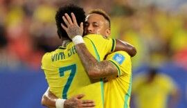 Soccer Football - FIFA World Cup 2026 - Group C - Scotland v Brazil - Miami Stadium, Miami Gardens, Florida, U.S. - June 24, 2026 Brazil's Neymar Jr. celebrates after the match with Vinicius Junior IMAGN IMAGES via Reuters/Sam Navarro