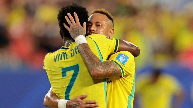 Soccer Football - FIFA World Cup 2026 - Group C - Scotland v Brazil - Miami Stadium, Miami Gardens, Florida, U.S. - June 24, 2026 Brazil's Neymar Jr. celebrates after the match with Vinicius Junior IMAGN IMAGES via Reuters/Sam Navarro