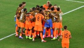 Soccer Football - FIFA World Cup 2026 - Round of 32 - Netherlands v Morocco - Estadio Monterrey, Monterrey, Mexico - June 29, 2026 Netherlands' Cody Gakpo celebrates scoring their first goal with teammates REUTERS/Raquel Cunha