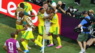 Soccer Football - FIFA World Cup 2026 - Group A - South Africa v South Korea - Estadio Monterrey, Monterrey, Mexico - June 24, 2026 South Africa's Thapelo Maseko celebrates scoring their first goal with teammates REUTERS/Raquel Cunha